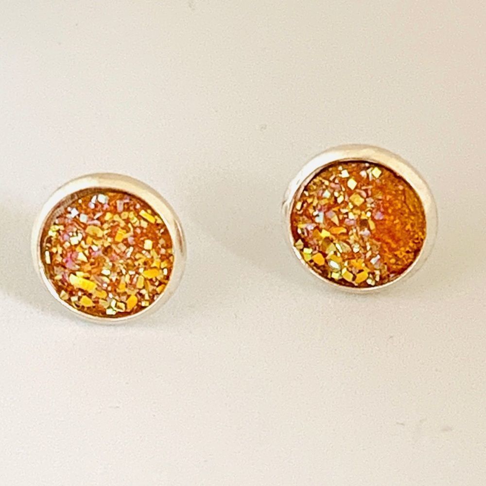 Orange Druzy Style Silver Earrings (N1)